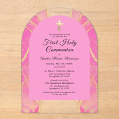 Invitations En Acrylique Première Sainte Communion Rose Or Agate Élégant (Recto)