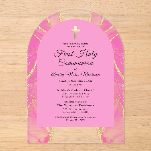 Invitations En Acrylique Première Sainte Communion Rose Or Agate Élégant (Recto)