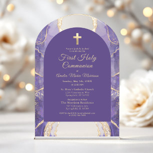 Invitations En Acrylique Première Sainte Communion Violet Agate Élégant