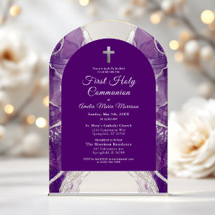 Invitations En Acrylique Première Sainte Communion Violet Agate Élégant