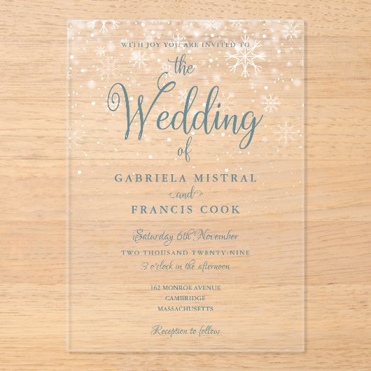 Invitations En Acrylique Premiers Snowflakes hiver Élégant Mariage de scrip (Recto)