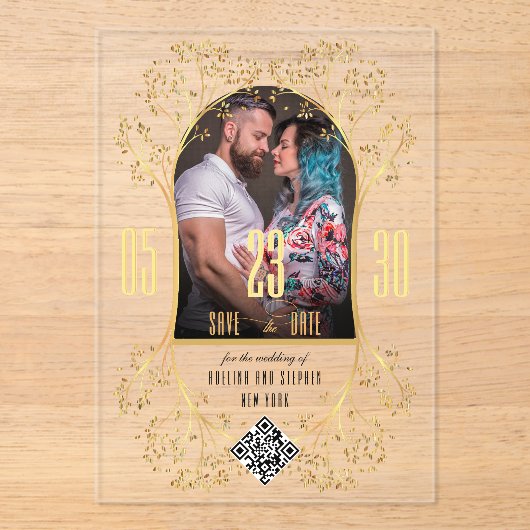 Invitations En Acrylique Preppy Floral Gold QR CODE Mariage Enregistrer la (Recto)