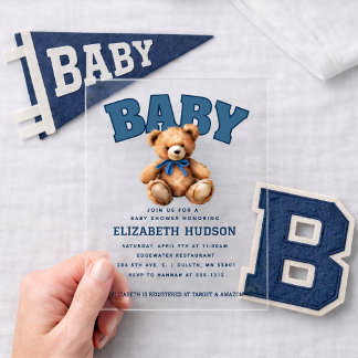 Invitations En Acrylique Preppy Varsity Teddy Bear Baby Shower Acrylic
