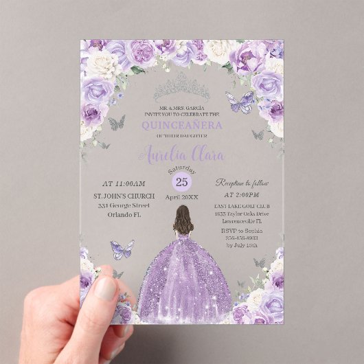 Invitations En Acrylique Princesse Florale Blanche Violette Quinceañera XV  (In situ (ordinateur de poche))