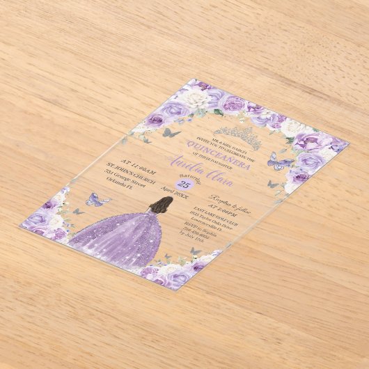 Invitations En Acrylique Princesse Florale Blanche Violette Quinceañera XV  (Poser)