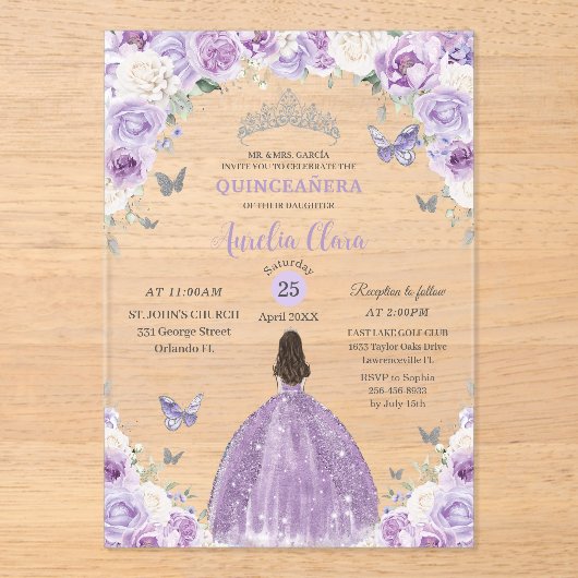 Invitations En Acrylique Princesse Florale Blanche Violette Quinceañera XV  (Recto)
