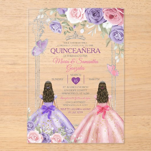 Invitations En Acrylique Princesse Twin Argent Violet Et Rose Quinceañera (Recto)