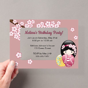 Invitations En Acrylique Printemps Kokeshi Rose Transparent Fenêtre Anniver