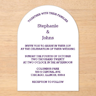 Invitations En Acrylique Purple Blanc Élégant Script Moderne Simple Mariage