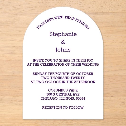 Invitations En Acrylique Purple Blanc Élégant Script Moderne Simple Mariage (Recto)