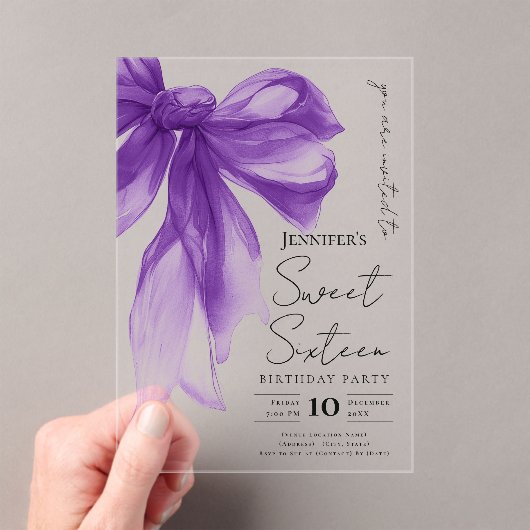 Invitations En Acrylique Purple Bow Coquette Script Sweet 16 Party (In situ (ordinateur de poche))