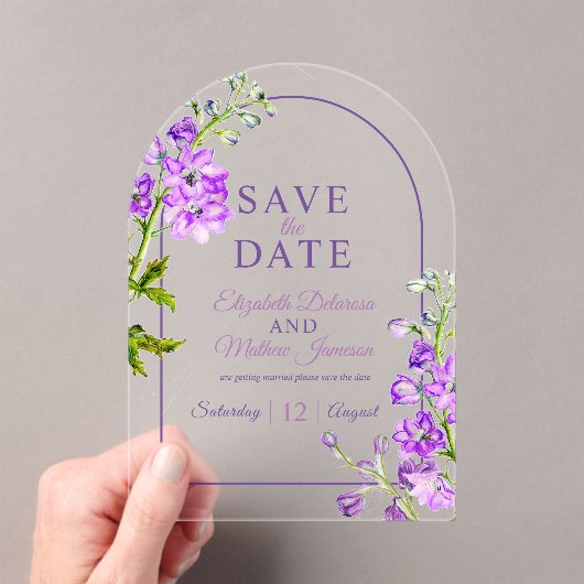 Invitations En Acrylique Purple delphinium botanical acrylic save the date (In situ (ordinateur de poche))