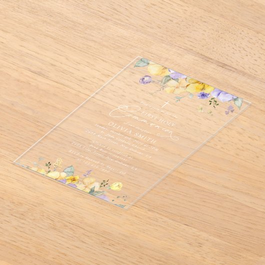 Invitations En Acrylique Purple Flowers, Yellow Flowers, First Communion (Poser)