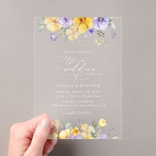 Invitations En Acrylique Purple Flowers, Yellow Flowers, Greenery, Wedding (In situ (ordinateur de poche))
