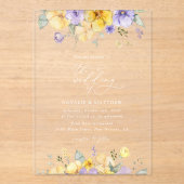 Invitations En Acrylique Purple Flowers, Yellow Flowers, Greenery, Wedding (Recto)