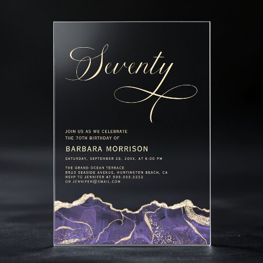 Invitations En Acrylique Purple Gold Agate 70e Soixante-dix Anniversaire