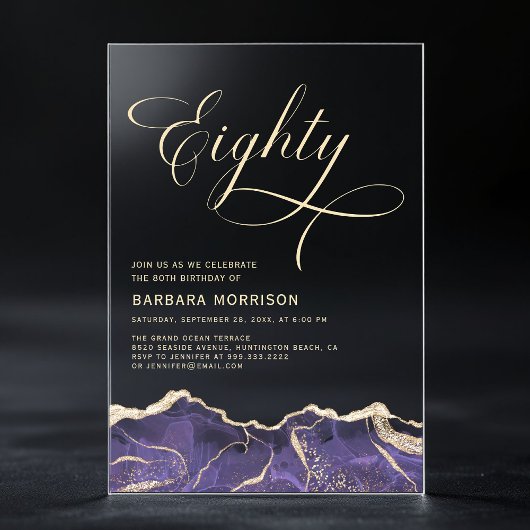 Invitations En Acrylique Purple Gold Agate 80e Soixante-dix fête d'annivers