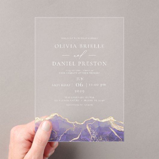 Invitations En Acrylique Purple Gold Agate Élégant Mariage moderne (In situ (ordinateur de poche))