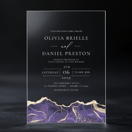 Invitations En Acrylique Purple Gold Agate Élégant Mariage moderne