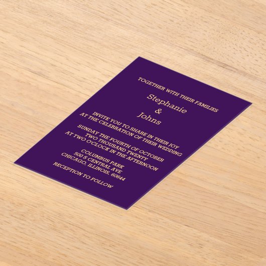 Invitations En Acrylique Purple Gold Script Golden Modern Cool Mariage (Poser)