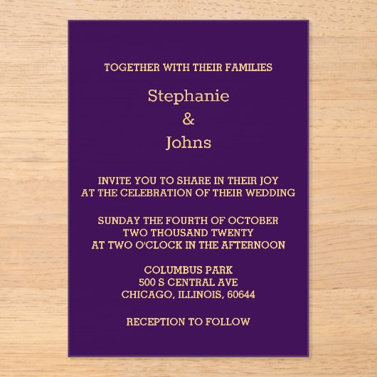Invitations En Acrylique Purple Gold Script Golden Modern Cool Mariage (Recto)