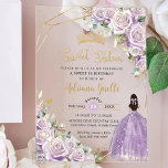 Invitations En Acrylique Purple Lilac Roses Floral Princess Sweet sixteen<br><div class="desc">Personnalisez cette élégante invitation acrylique violet lilas doux 16 / Sweet sixteen / 16e anniversaire, facilement et rapidement. Cliquez simplement sur le bouton customiser pour modifier les textes, modifier les polices et les couleurs des polices. Doté d'exquis roses lilas mauve mauve, une fille en robe lilas glittery, papillons et accents...</div>