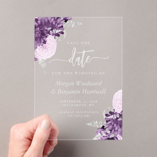Invitations En Acrylique Purple Lilac Silver Floral Wedding Save the Date (In situ (ordinateur de poche))