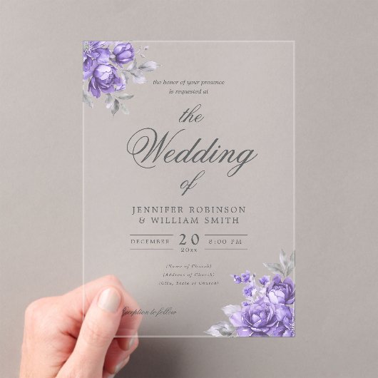 Invitations En Acrylique Purple Rustic Floral Elegant Script Wedding  (In situ (ordinateur de poche))