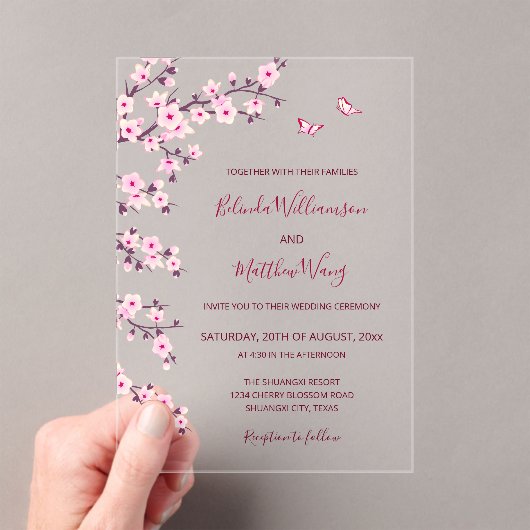 Invitations En Acrylique QR Code | Cherry Blossoms Pink White Wedding (In situ (ordinateur de poche))