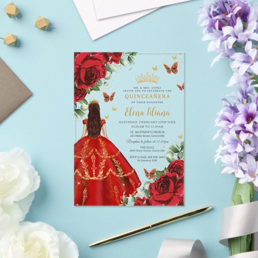 Invitations En Acrylique Quinceañera 15 Douce 16 Roses Rouges Fleurs Floral (Insitu (Mariage))