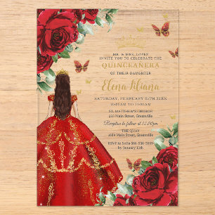 Invitations En Acrylique Quinceañera 15 Sweet 16 Roses Rouges Fleurs Floral