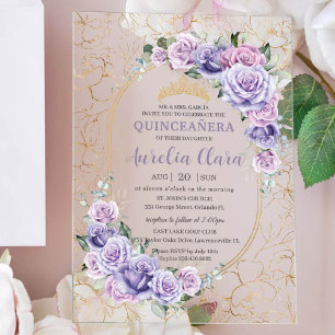Invitations En Acrylique Quinceanera 16 15 Lilas Violet Floral Moderne Or