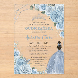 Invitations En Acrylique Quinceañera 16 Baby Blue Floral Princess Silver