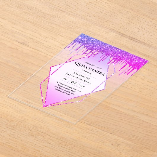 Invitations En Acrylique Quinceanera ACRYLIQUE Parties scintillant rose pou (Poser)