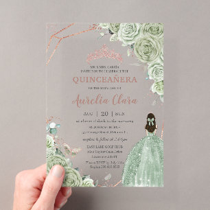Invitations En Acrylique Quinceañera Anniversaire Sage Vert Floral Rose Gol