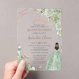 Invitations En Acrylique Quinceañera Anniversaire Sage Vert Floral Rose Or