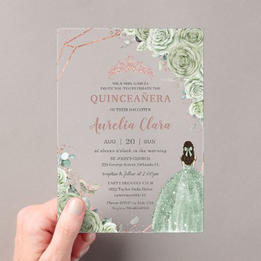 Invitations En Acrylique Quinceañera Anniversaire Sage Vert Floral Rose Or (In situ (ordinateur de poche))