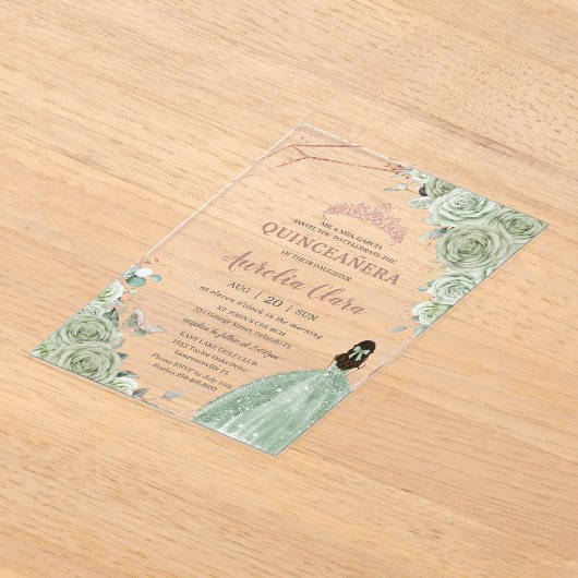 Invitations En Acrylique Quinceañera Anniversaire Sage Vert Floral Rose Or (Poser)