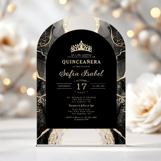 Invitations En Acrylique Quinceañera Black Gold Agate Élégant