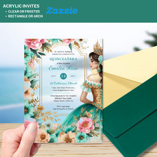 Invitations En Acrylique Quinceañera Bleu Canard Or Fleurs de Mes Quinze An