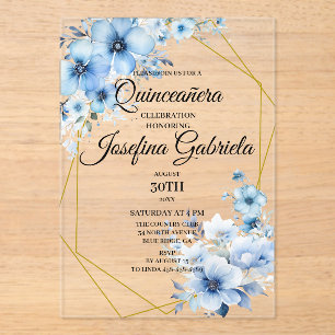 Invitations En Acrylique Quinceanera bleu floral