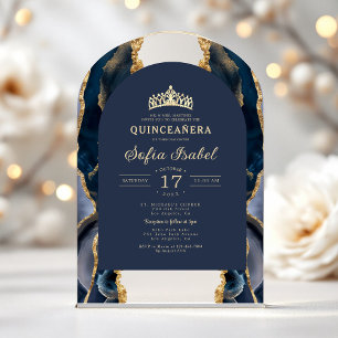 Invitations En Acrylique Quinceañera Bleu Nuit Or Agate Élégant