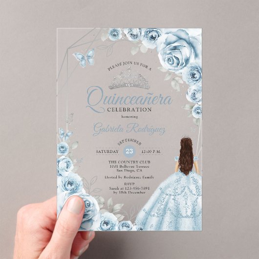 Invitations En Acrylique Quinceanera Bleu Robe Bleue Floral Argent (In situ (ordinateur de poche))
