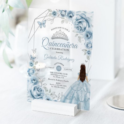Invitations En Acrylique Quinceanera Bleu Robe Bleue Floral Argent