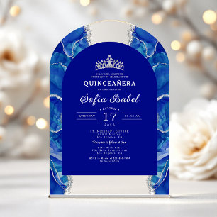 Invitations En Acrylique Quinceañera Bleu Royal Agate Argent Élégant