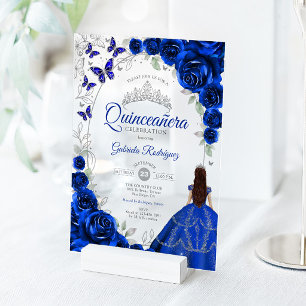 Invitations En Acrylique Quinceanera Bleu Royal Fleurs Argent