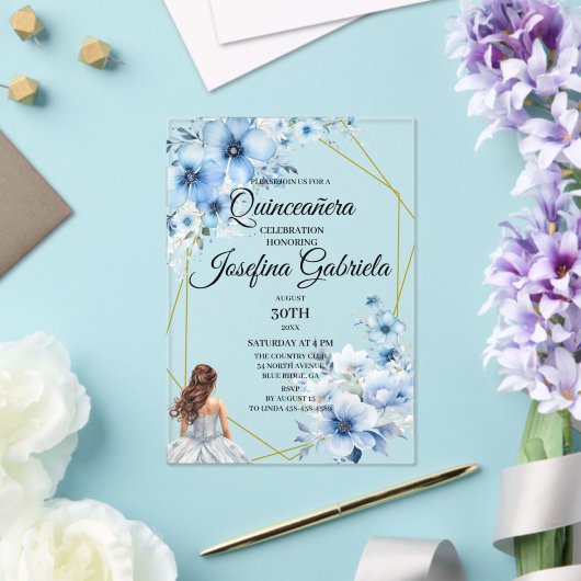 Invitations En Acrylique Quinceanera blue floral (Insitu (Mariage))