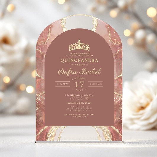 Invitations En Acrylique Quinceañera Blush Gold Agate Élégant
