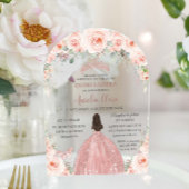 Invitations En Acrylique Quinceañera Blush rose Floral Rose Gold Princesse