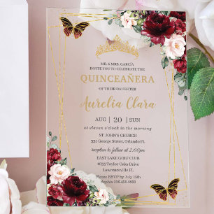 Invitations En Acrylique Quinceañera Bourgogne Blush Floral Princesse Tiara